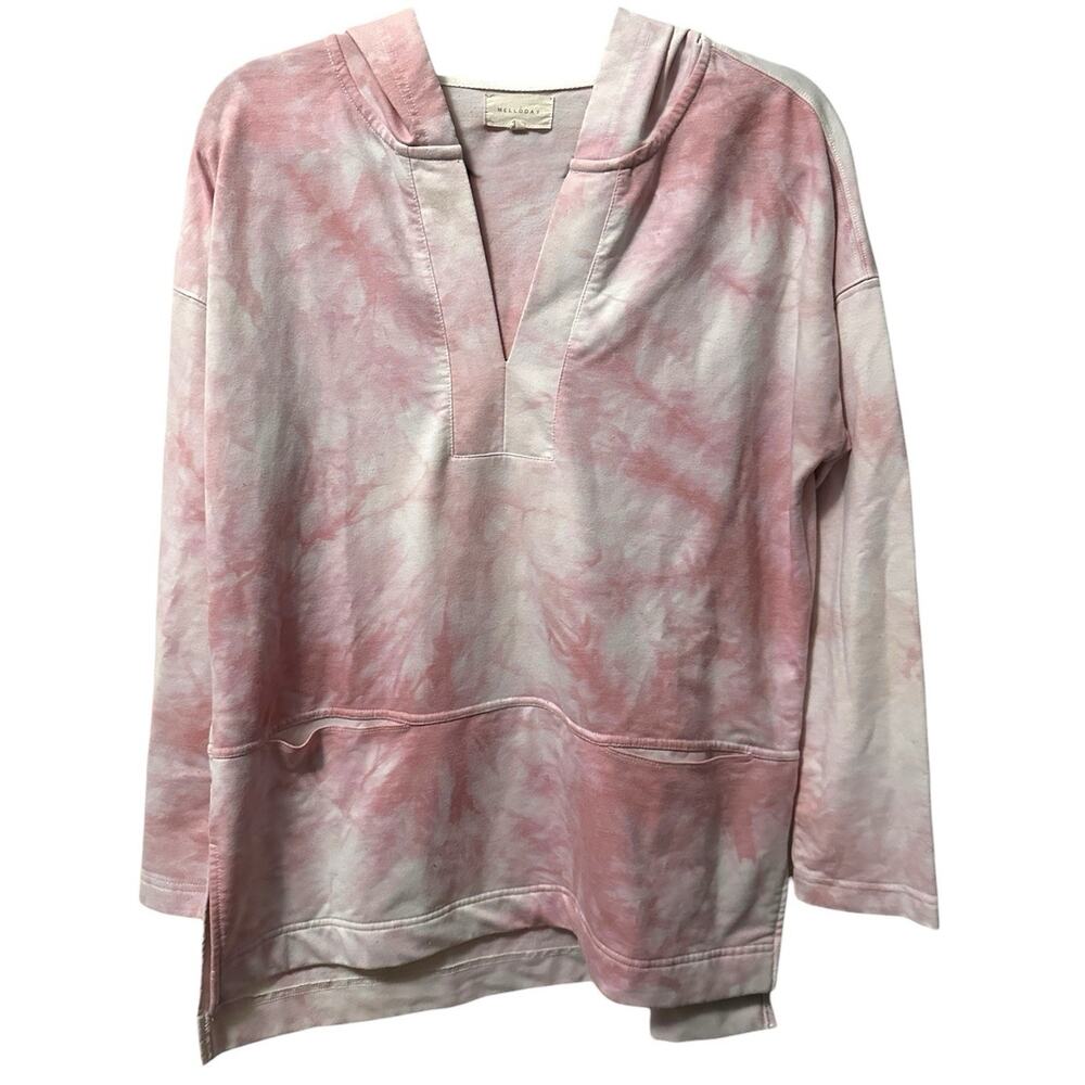 Melloday Pink Tie Dye V-Neck Hoodie Sweatshirt Relaxed Fit Women's L Loungewear